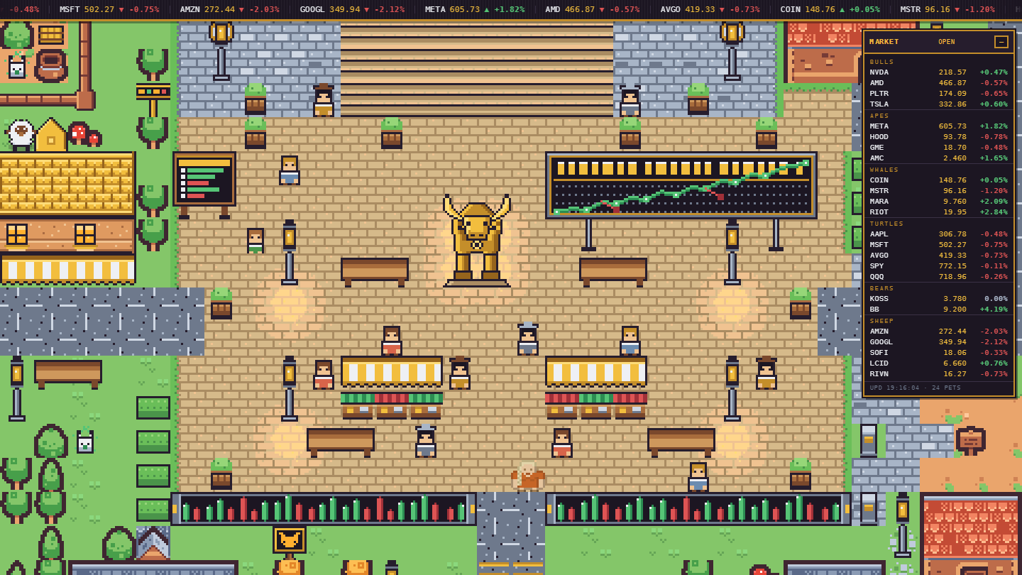 Stockyard town square with the golden bull statue and the live ticker board